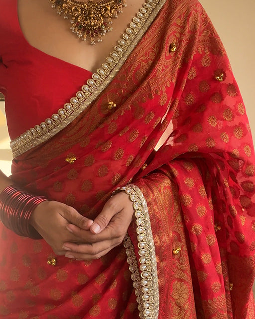Red Color Banarasi Georgette With Ghughri Work Saree