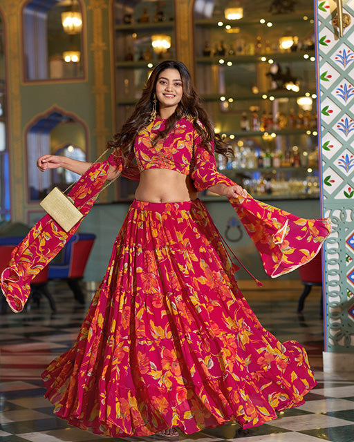 Pink Color Marble Floral Printed Lehenga Choli
