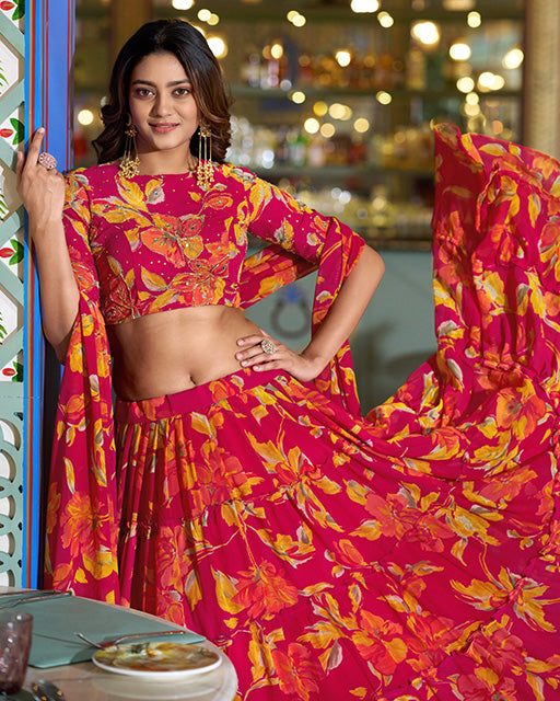 Pink Color Marble Floral Printed Lehenga Choli