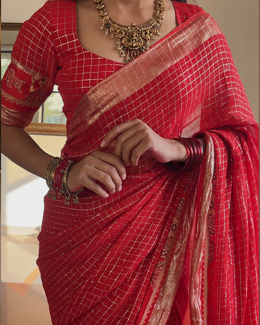 Karwa Chouth Special Red Color Pure VIscose Georgette Chex Saree