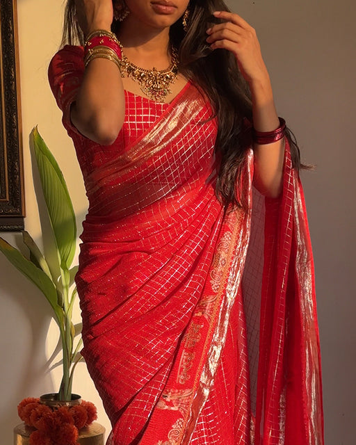 Karwa Chouth Special Red Color Pure VIscose Georgette Chex Saree