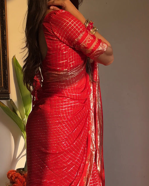 Karwa Chouth Special Red Color Pure VIscose Georgette Chex Saree