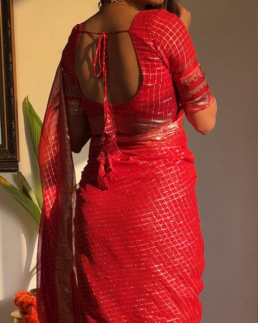Karwa Chouth Special Red Color Pure VIscose Georgette Chex Saree