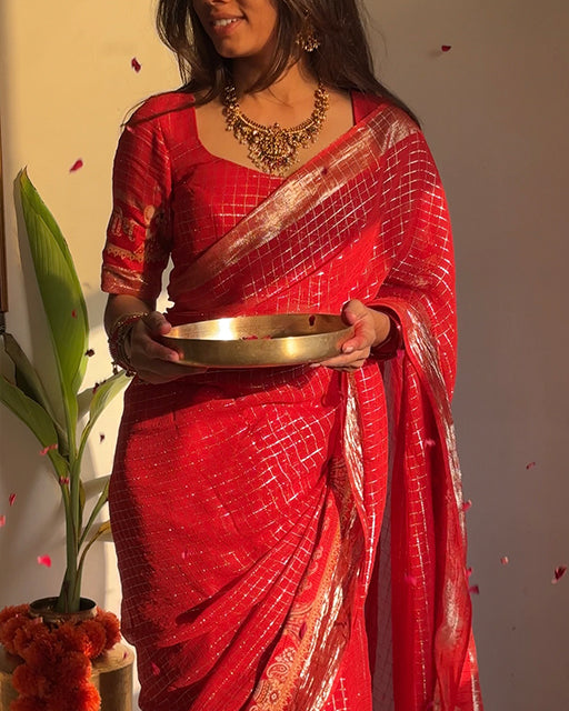 Karwa Chouth Special Red Color Pure VIscose Georgette Chex Saree