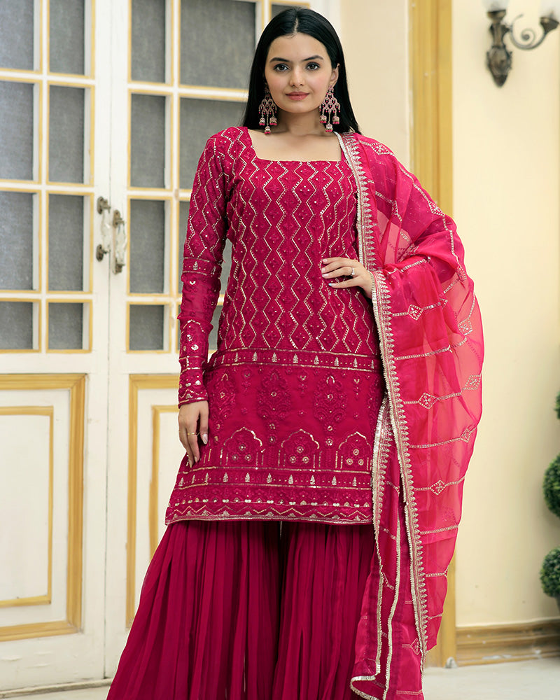 Rani Pink Color Three Piece Sharara Suit