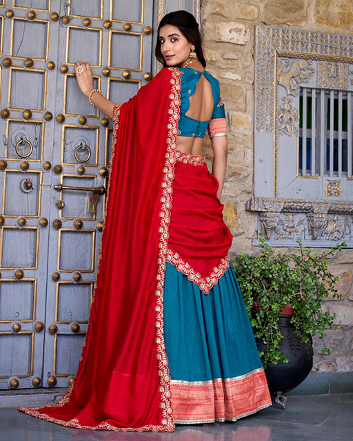 Teal Green Color Vichitra Silk Sequins Half Saree