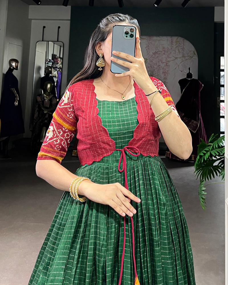 Green Color Tasar Chex Printed Gown With Koti