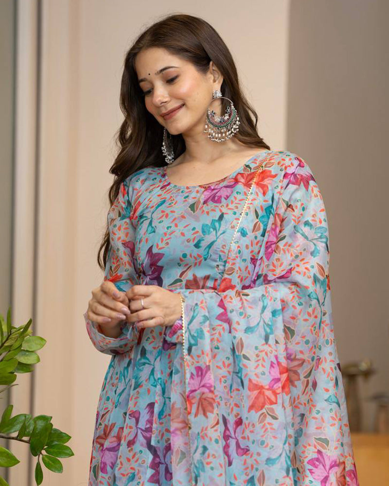 Firozi Color Digital Printed Organza Anarkali Suit