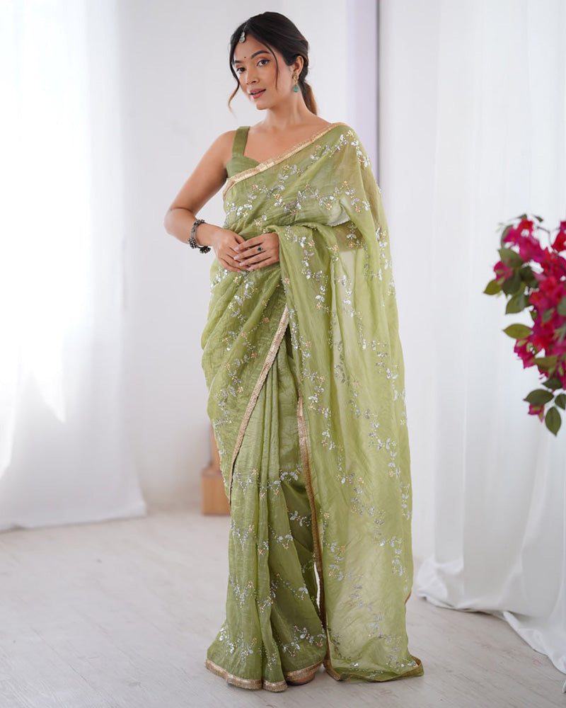 Pista Color Smooth Gold Crush Embroidered Saree