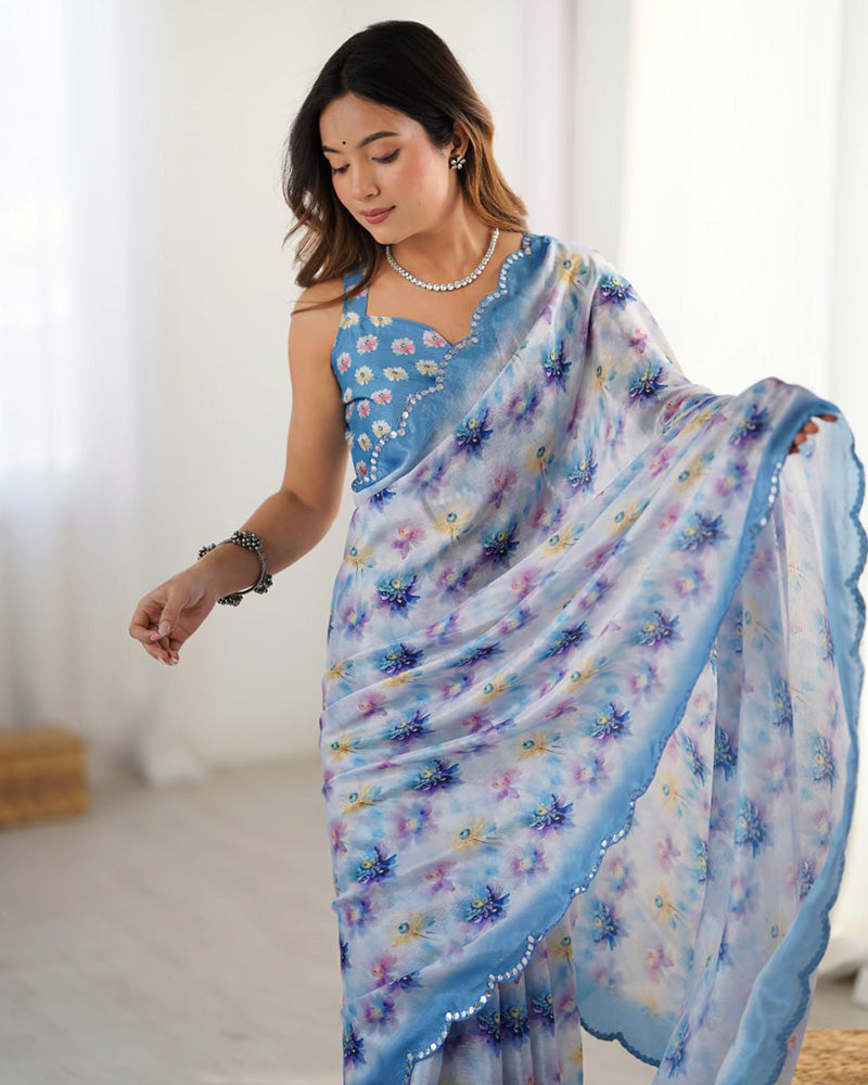 Sky White Color Chinnon Silk Digital Printed Saree
