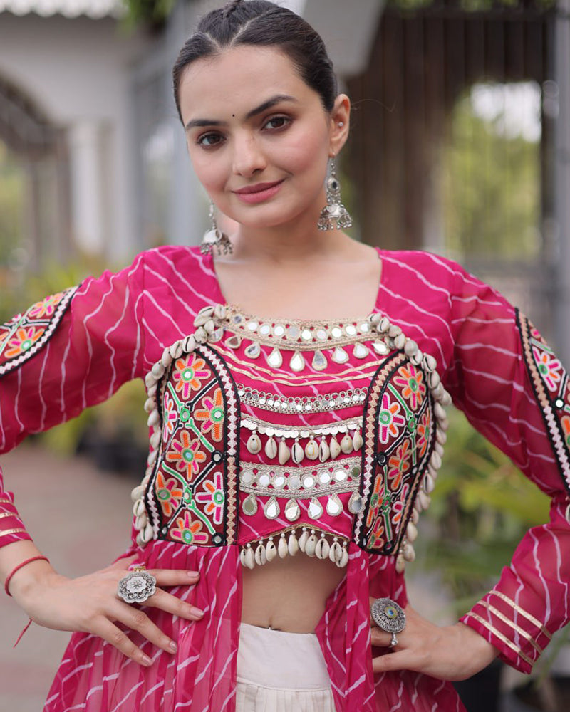 Three Color Bandhani Printed Kora Cotton Navratri Lehenga Choli