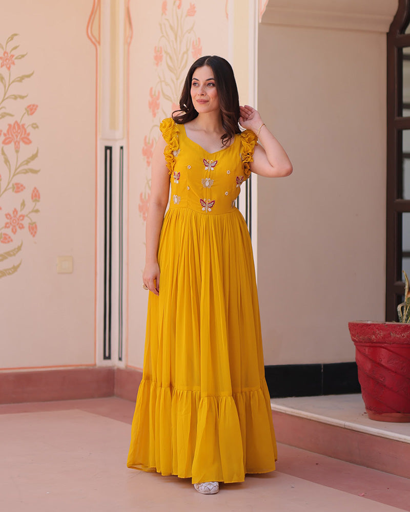 Yellow Color Faux Blooming Embroidered work Gown
