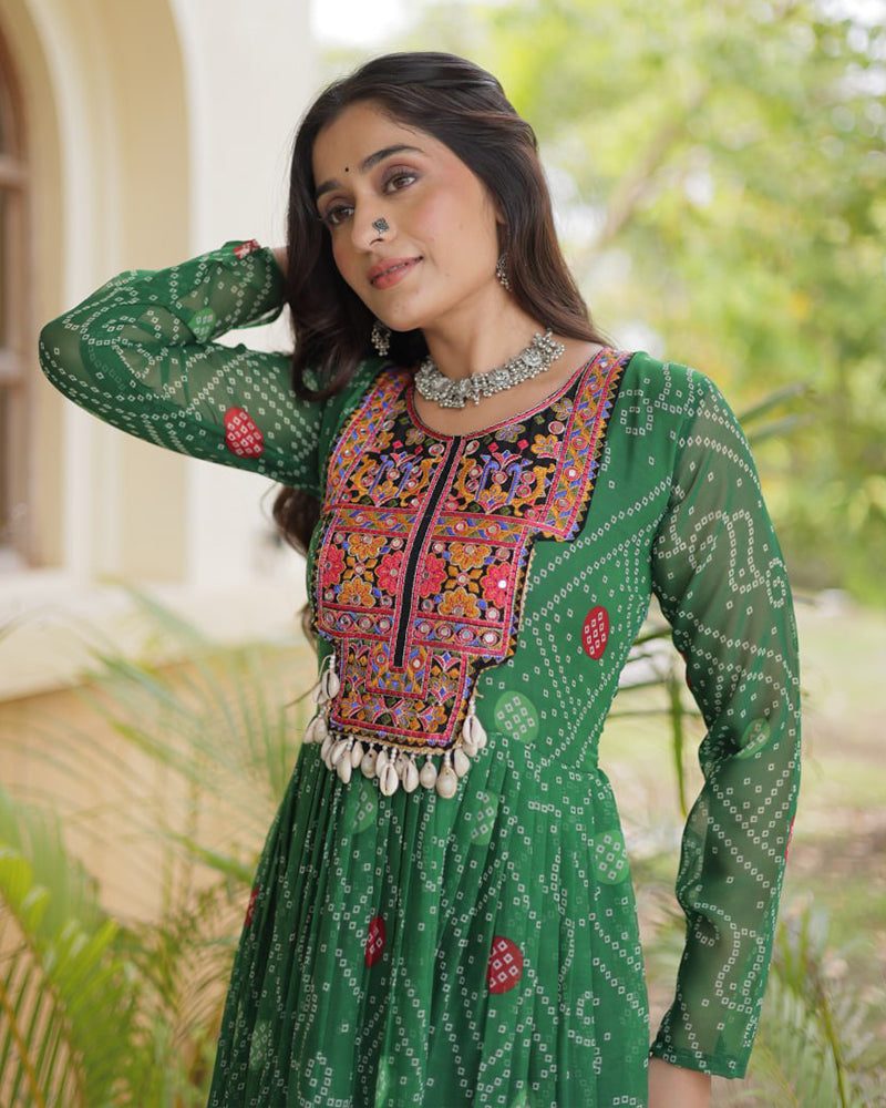Green Color Bandhani Print Faux Georgette Navratri Gown
