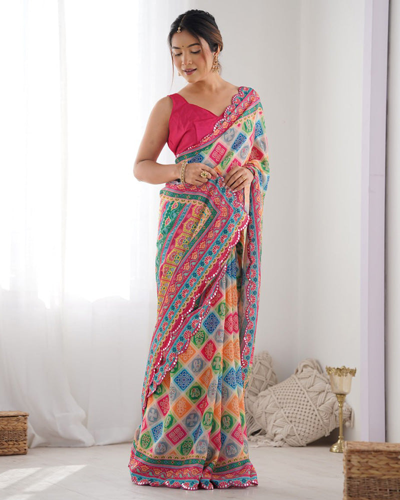 Multi Pink Color Chinnon Silk Saree