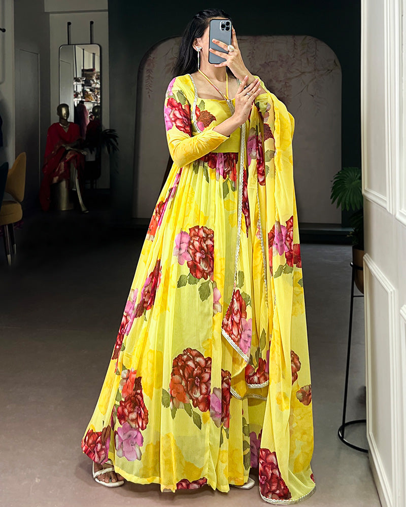 Yellow Color All Over Floral Printed Chiffon Gown