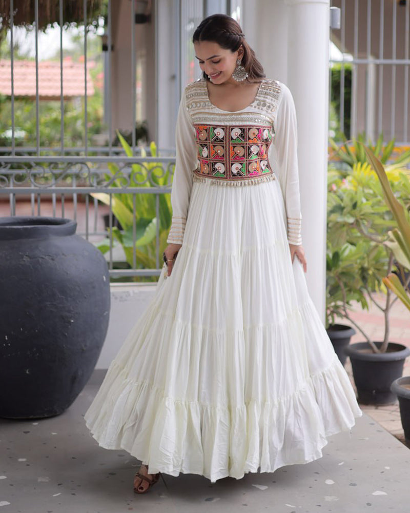 Three Color Rayon with Kutchi  Gamthi Work Navratri Gown