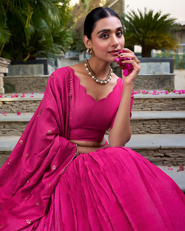 Pink Color Pure Chanderi Plain Navratri Lehenga Choli