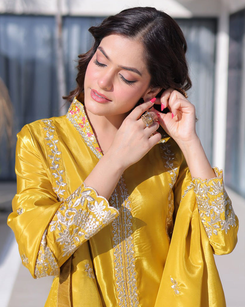 Yellow Color Ho Silk Embroidered Kurti Suit