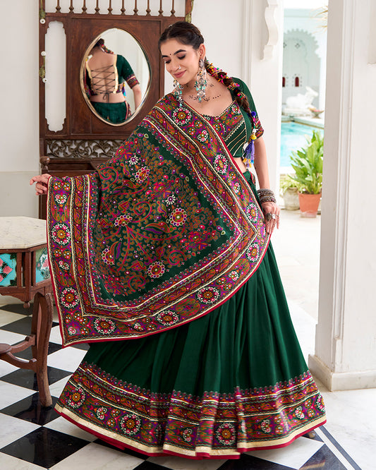 Green Color Tussar Silk Full Stitched Navratri Lehenga Choli