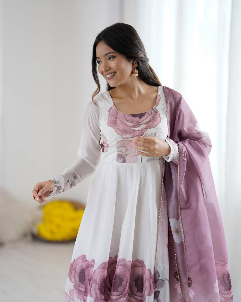 Onion Pink Color Floral Pure Soft Tebby Organza Three Piece Anarkali Suit