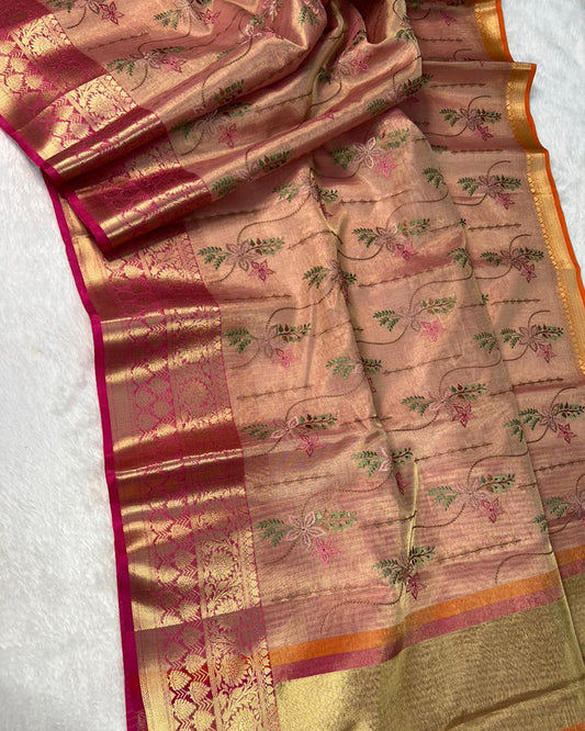 Baby Pink Color Tissue Silk Floral Embroidered Saree