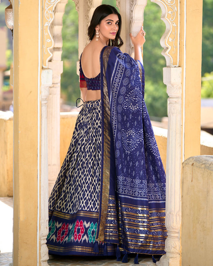 Navy Blue Color Tussar Silk Ikkat Printed Lehenga Choli