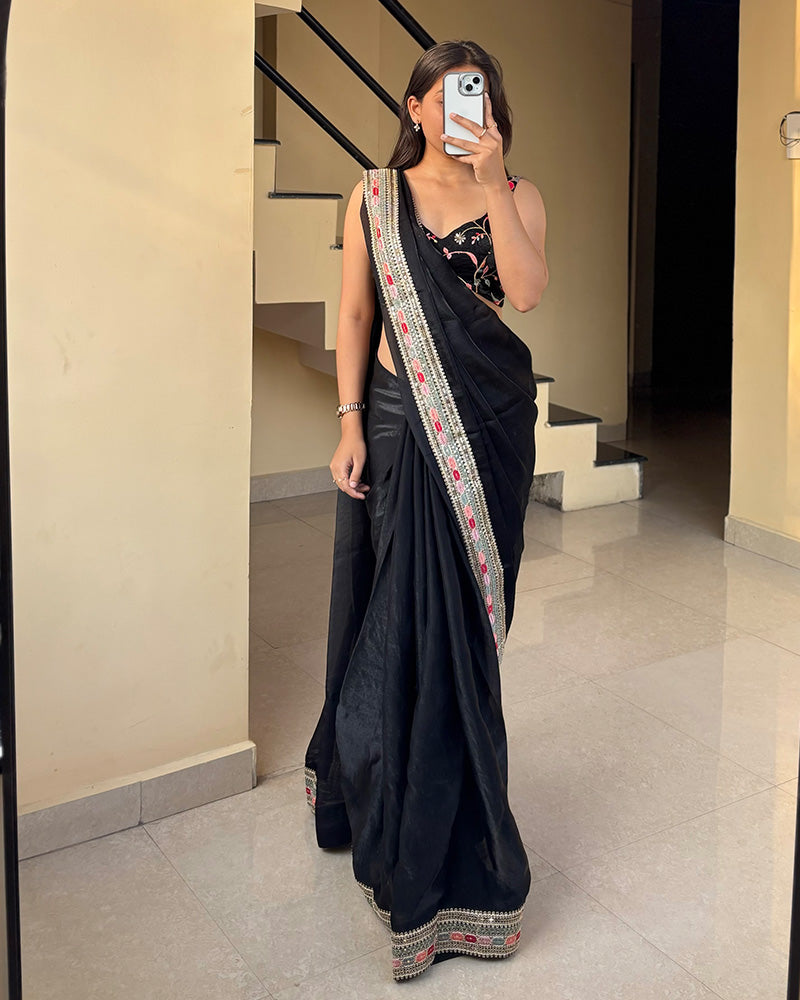 Black Color Pure Space Silk Embroidered Saree