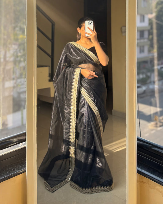 Black Color Soft Twil Net Embroidered Saree