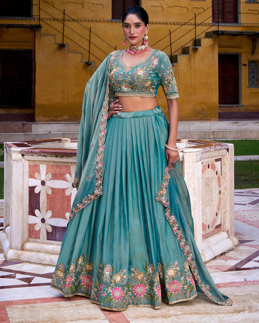 Sky Blue Color Zari Shimmer Thread Embroidered Lehenga Choli