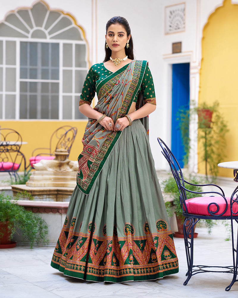 Green Color Tasar Silk Printed Sparkle Lehenga Choli