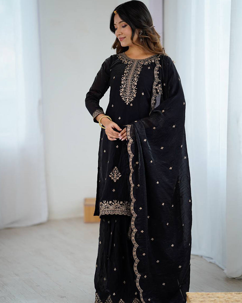 Black Color Crunchy Silk Sharara Suit