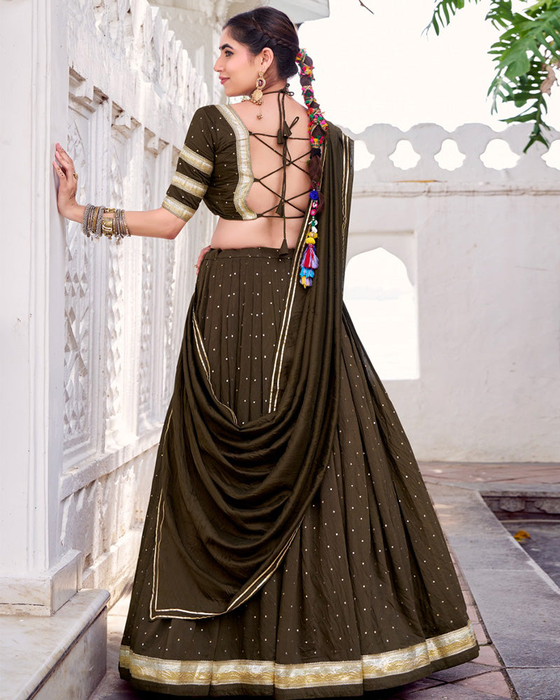 Classic Mehndi Color Pure Chanderi Navratri Lehenga Choli