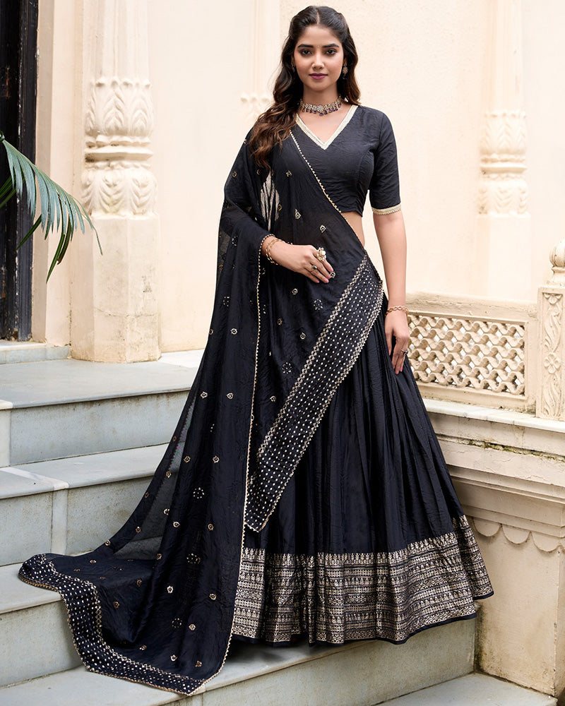 Black Color Pure Chanderi Plain Navratri Half Saree