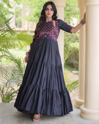 Two Color Kora Cotton with Multi Thread Embroidered Navratri Gown