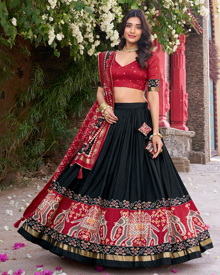 Designer Patola Printed Black Color Tussar Silk Lehenga Choli