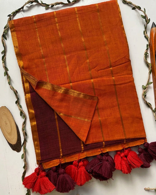 Rust Orange Color Pure Mal Cotton Chex Printed Saree