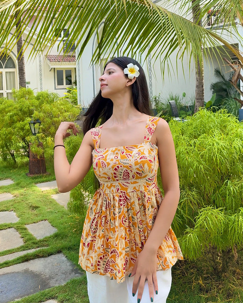 Yellow Color Pure Cotton Floral Printed Tunic