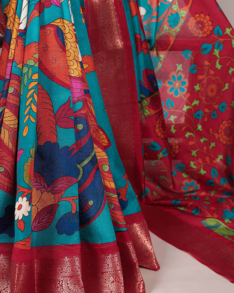 Firozi Color Tasar Silk Ethnic Printed Saree