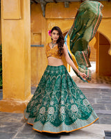 Bottle Green Color Vichitra Silk Printed And Embroidered Lehenga Choli