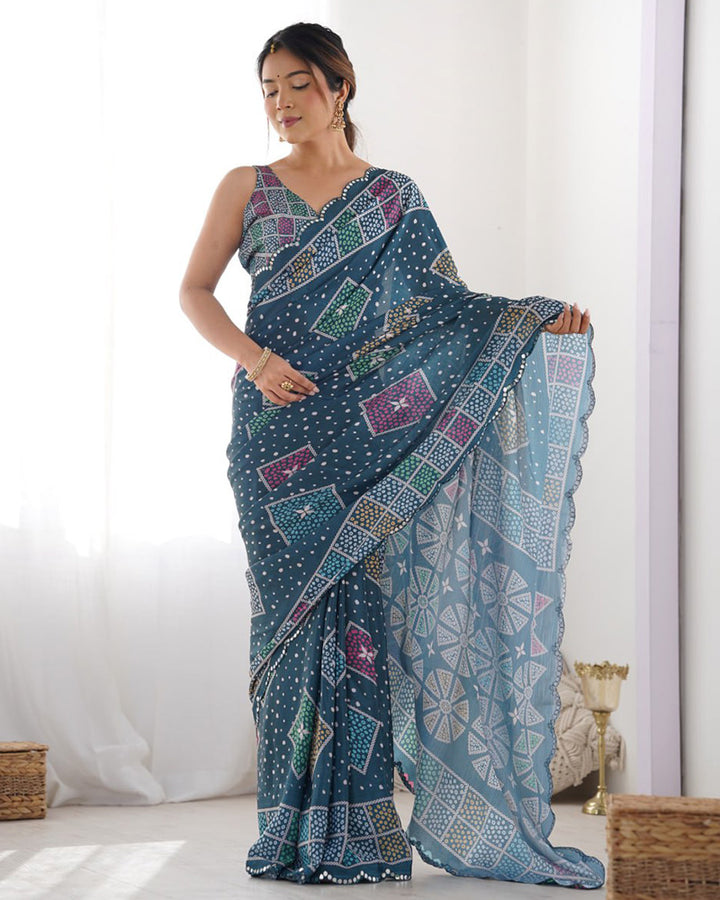 Navy Blue Color Chinnon Silk Saree