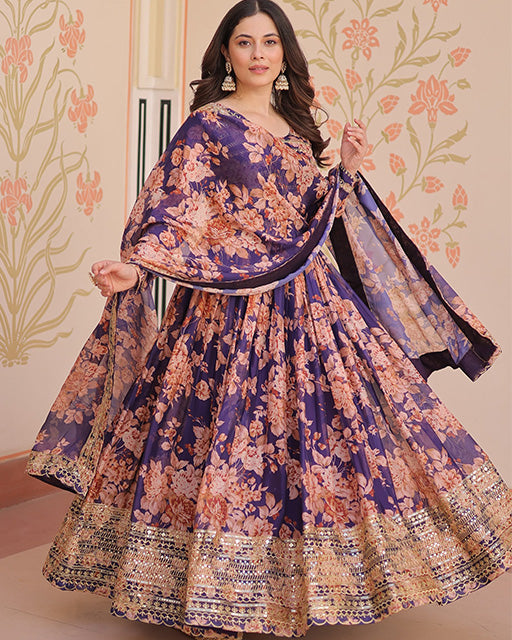 Wine Color Russian Silk Embroidered Gown