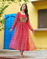 Festive Red Georgette Printed Kurti With Gamthi Patchwork
