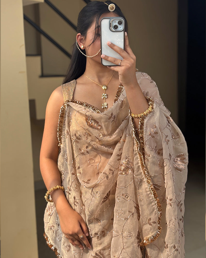 Cream Color Rose Gold Silk Beads Embroidered Saree