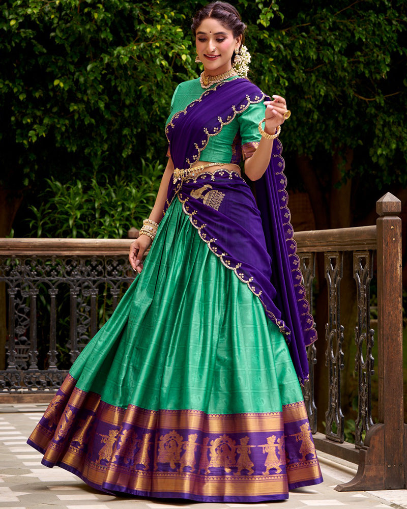 Bottle Green Color Poly Cotton Half Saree