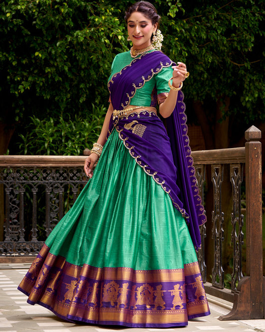 Bottle Green Color Poly Cotton Half Saree