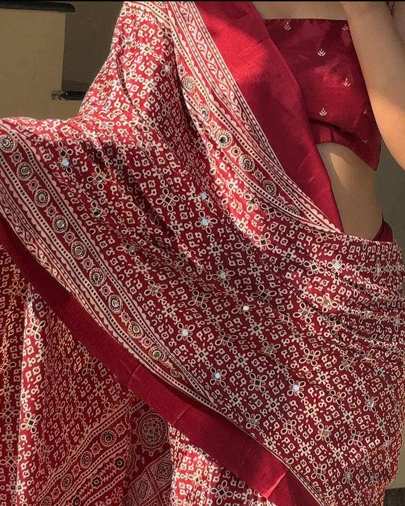 Maroon Color Pure Crape Silk Ajarakh Print Saree
