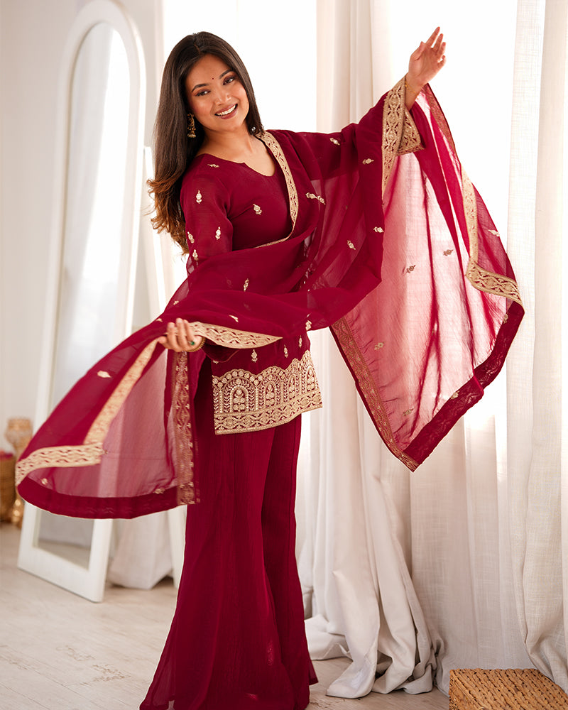Maroon  Color Crunchy Silk Embroidered Plazzo Suit