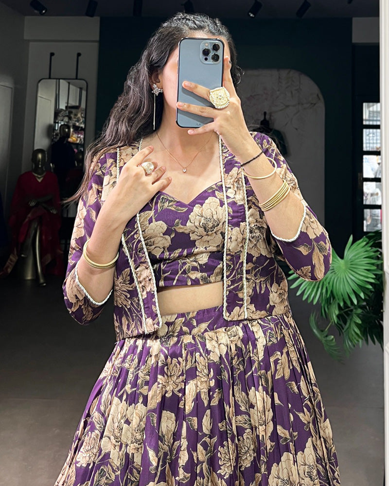 Violet Color Tussar Silk Lehenga Choli With Koti