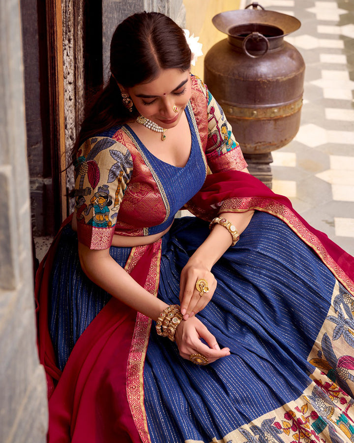Navy Blue Color Poly Chanderi Printed Half Saree