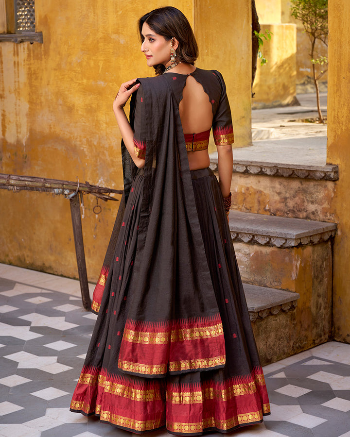 Elegant Black Pure Chanderi Half Saree With Zari Weaving